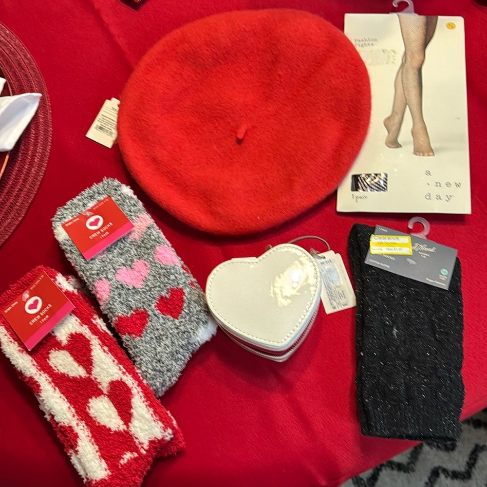 NEW❣️ Valentine Accessories Bundle. Socks, Hat, Fishnet Tights, Vinyl gift Box